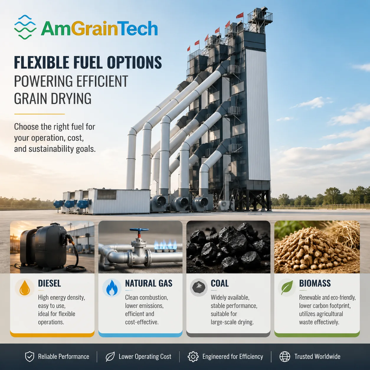 Grain dryer fuel options infographic: diesel, natural gas, coal and biomass